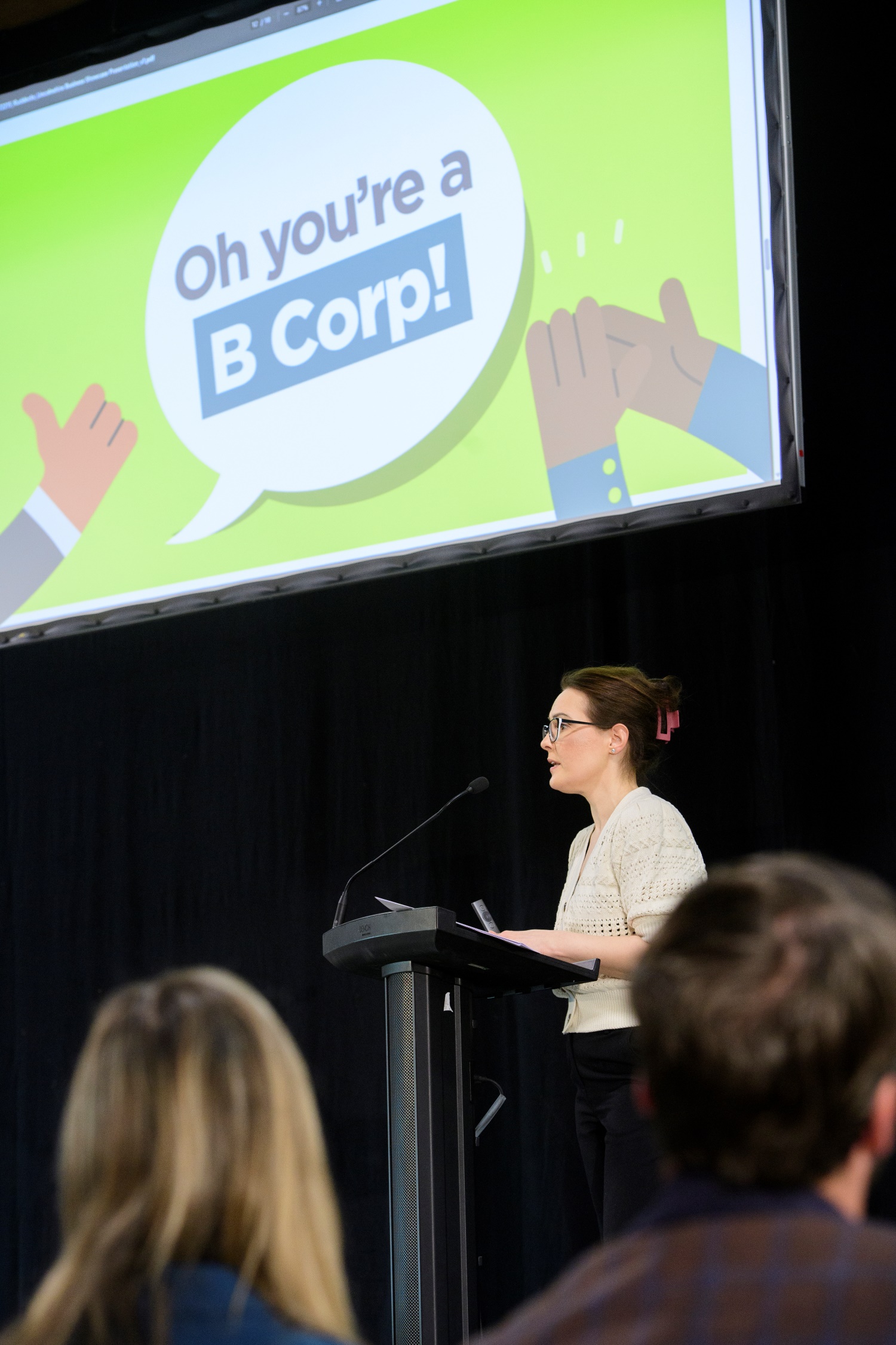 Nikki Langwell from Ruddocks speaking at a B Corp event